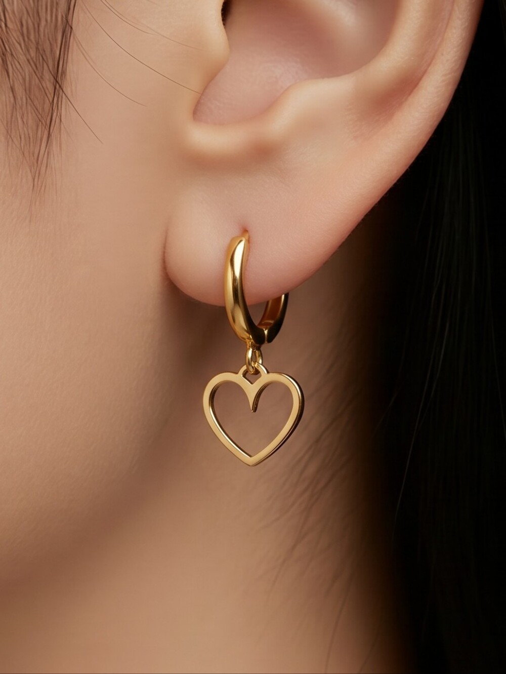 Gold Heart Hoop Earrings Stainless Steel 17mm Dangle Charm Huggie Romantic Chic